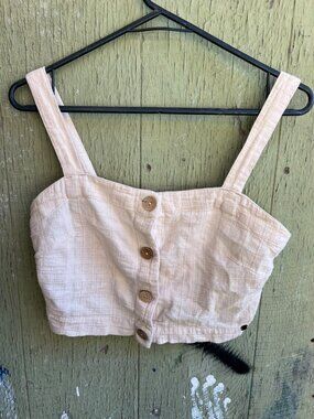 Roxy Linen Blend Button Front Sleeveless Crop Tank Top Beige Cream M